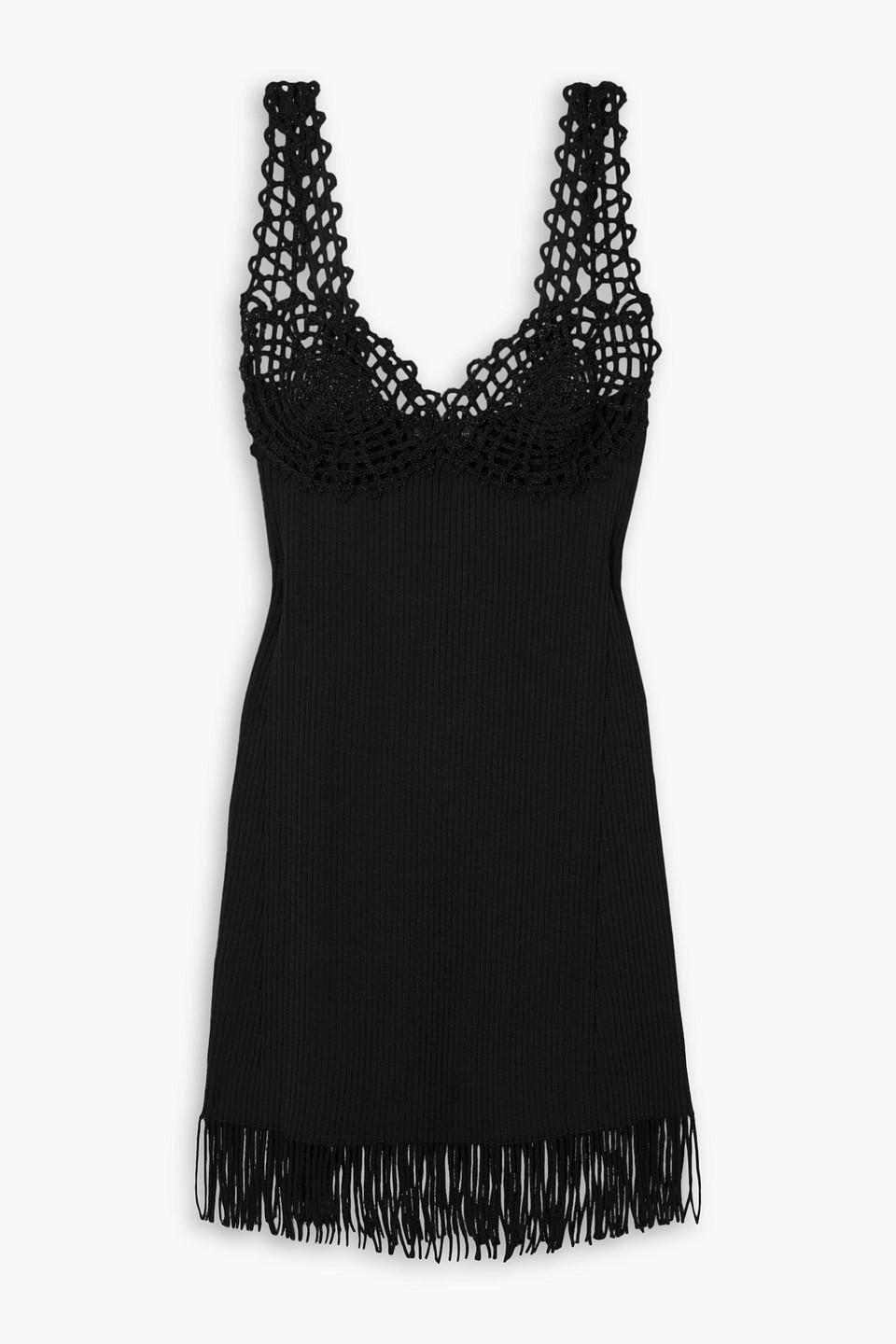 Fringed crochet-trimmed ribbed-knit mini dress