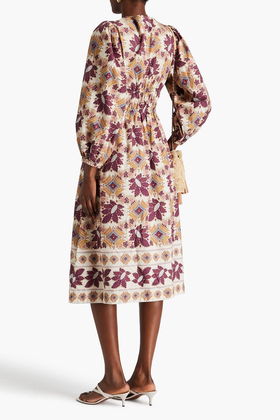 Gathered printed cotton-poplin midi dress