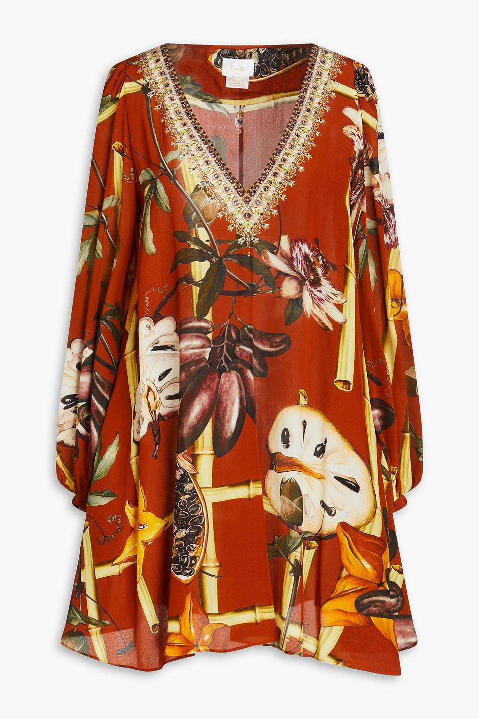 Embellished printed silk crepe de chine mini dress