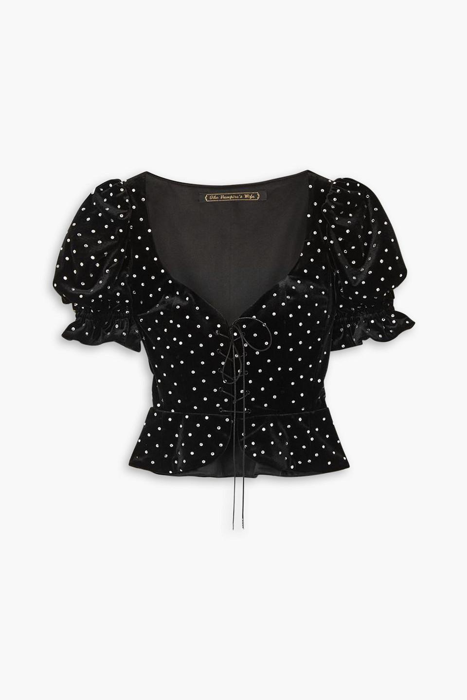 Anne of Cleves ruffled crystal-embellished velvet blouse