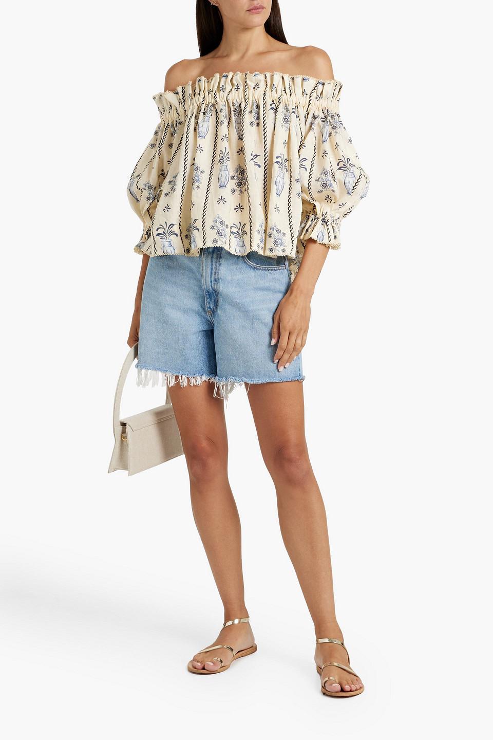 Urucu Tinaja off-the-shoulder printed linen-gauze top