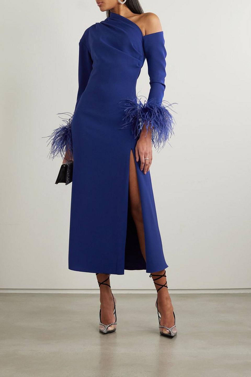 Adelaide one-shoulder feather-trimmed crepe midi dress