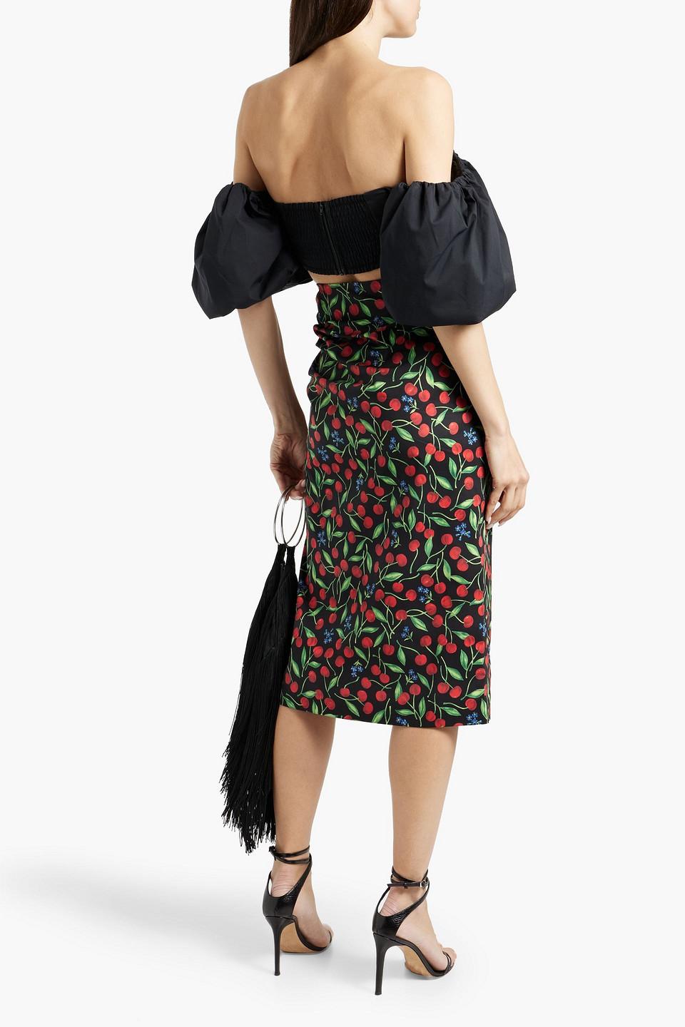 Ruched printed cotton-blend poplin midi pencil skirt