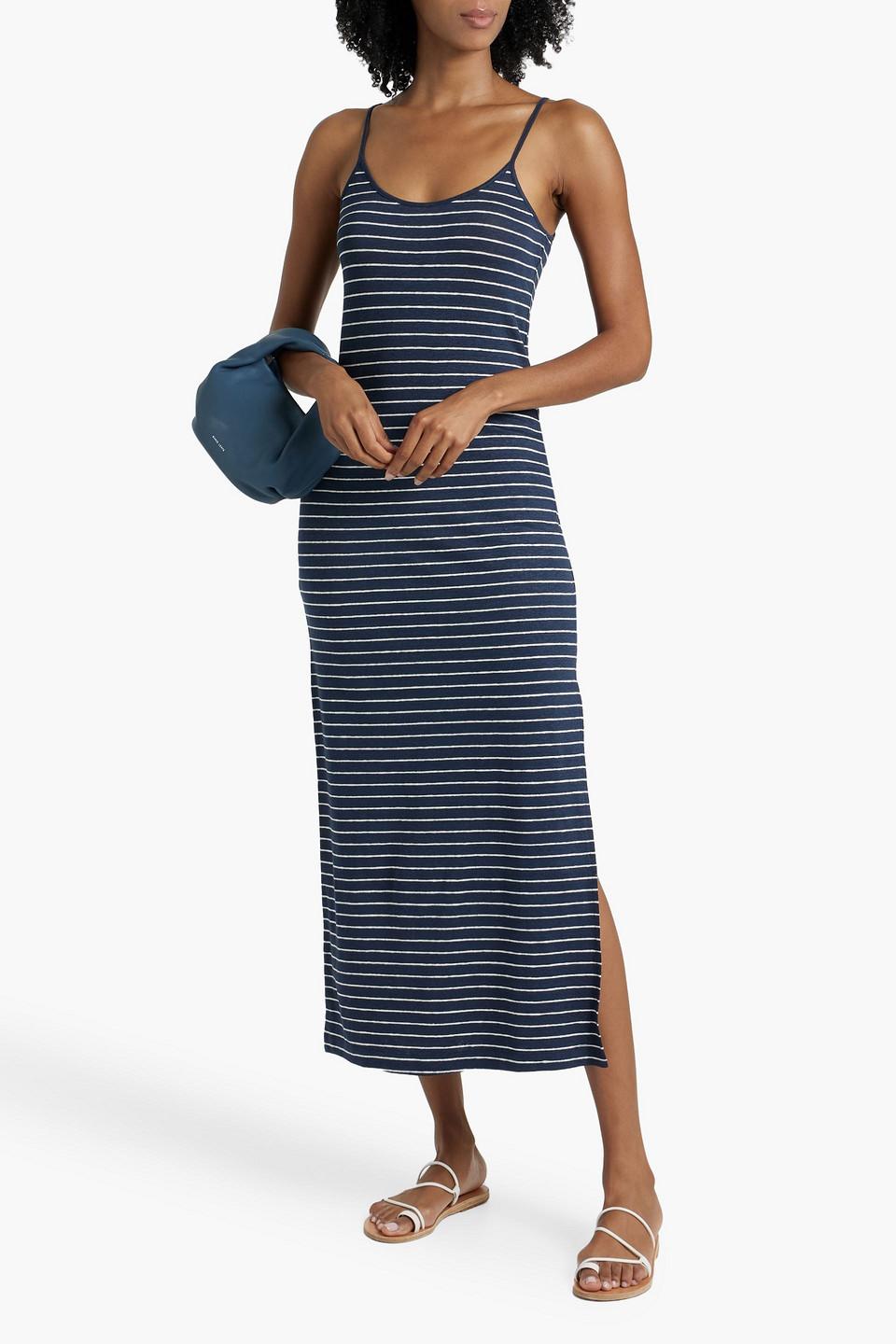 Striped linen-blend maxi slip dress