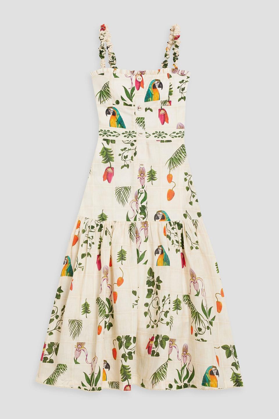 Nispero Bouquet tiered printed linen midi dress