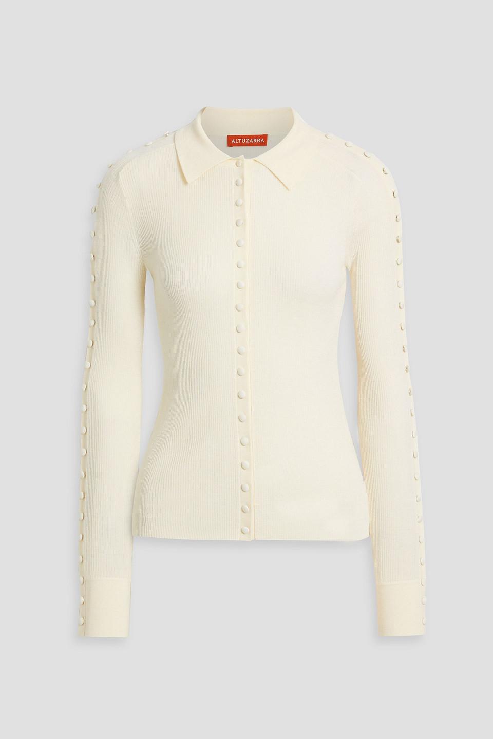 Button-detailed ribbed wool and silk-blend top