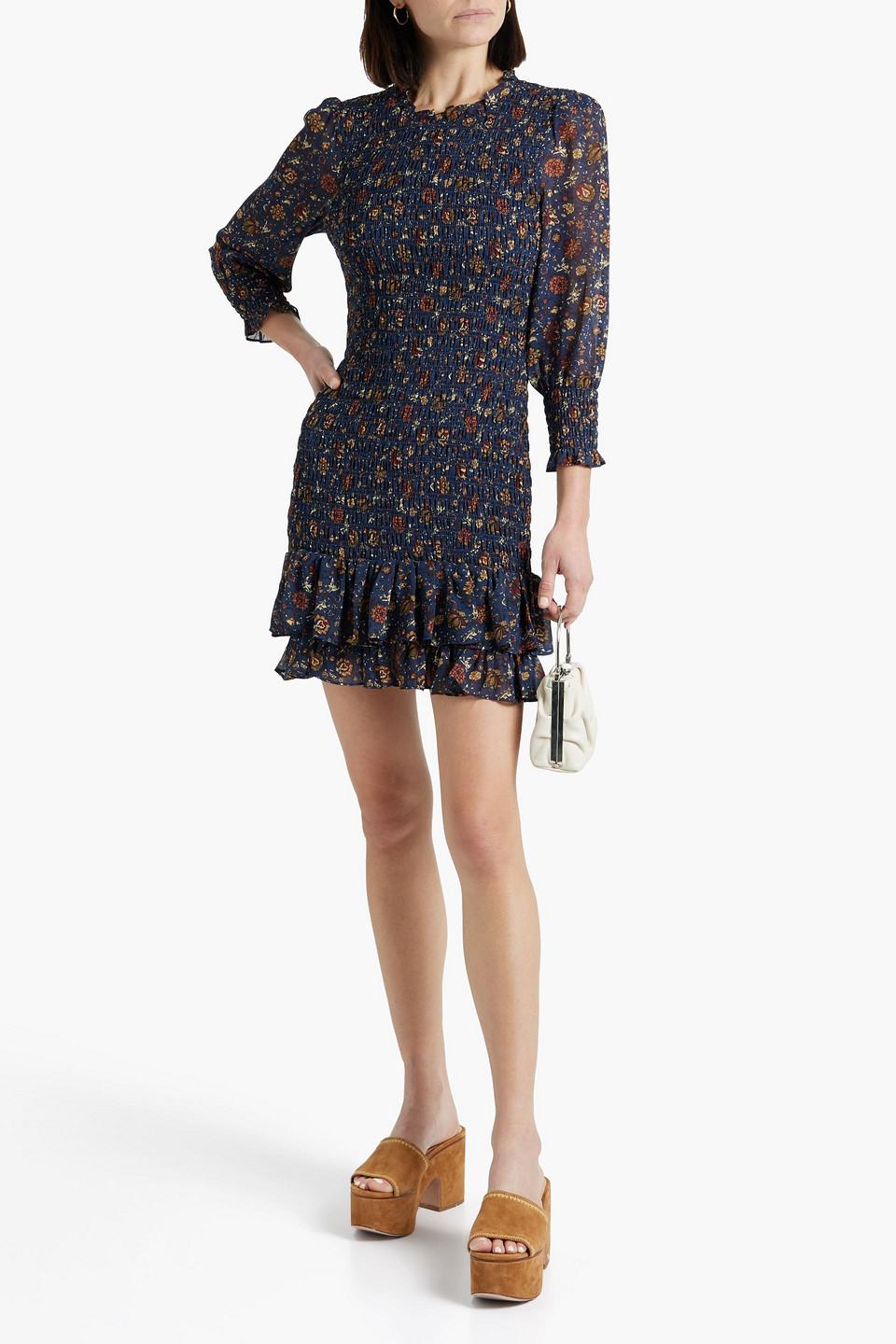 Farha shirred floral-print crepe de chine mini dress