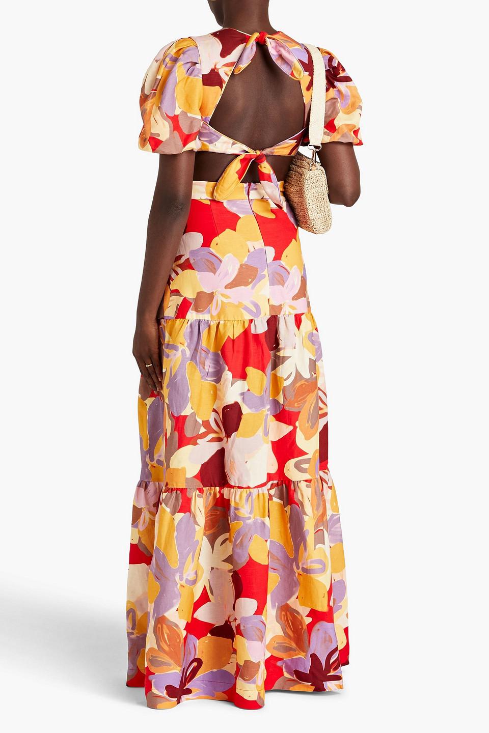 Gathered floral-print linen-blend maxi dress