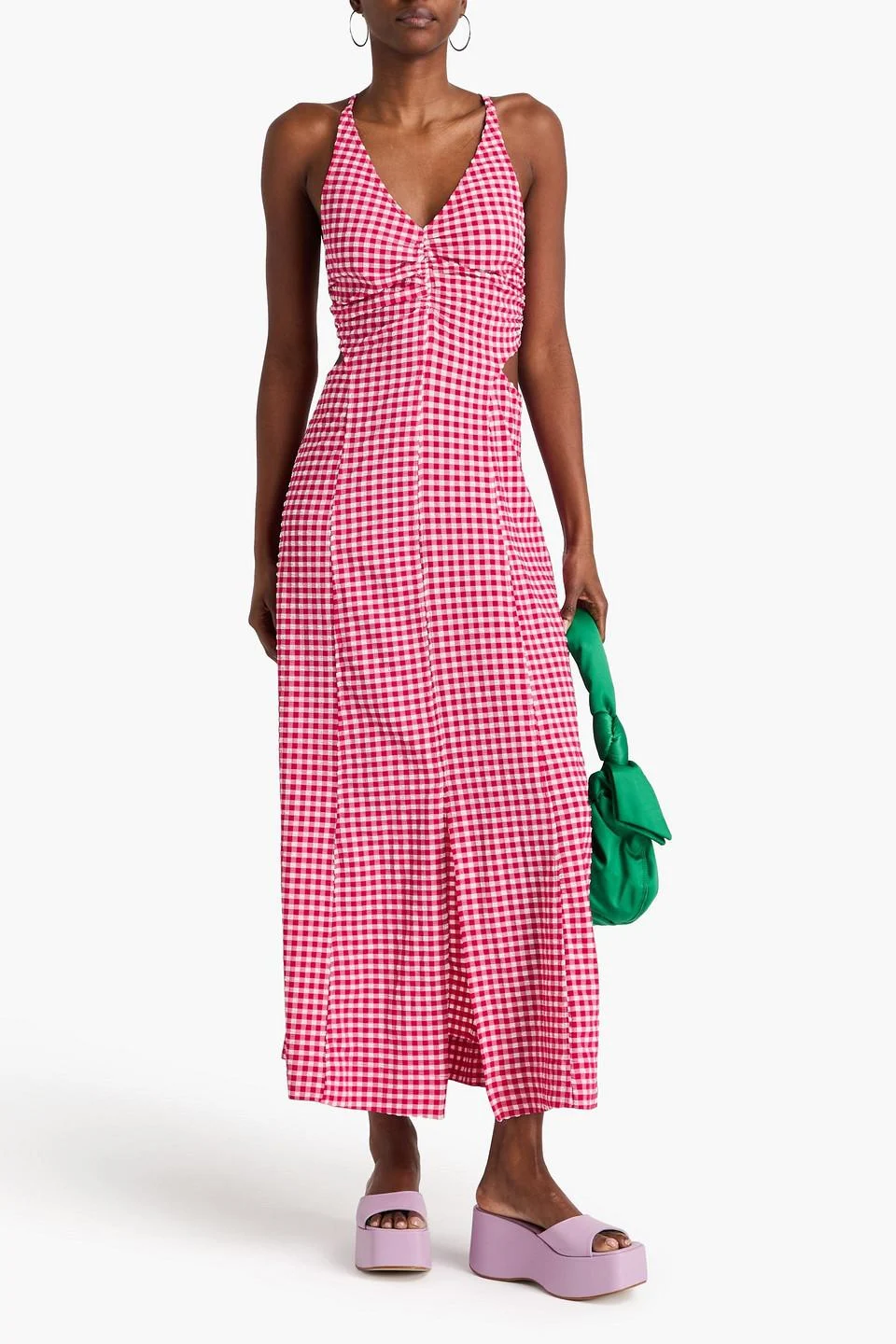 Ruched gingham stretch-seersucker maxi dress