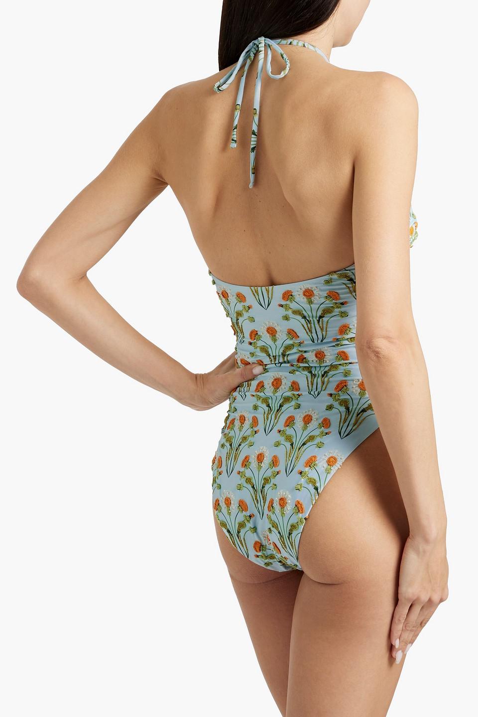 Sandalo floral-print embroidered halterneck swimsuit