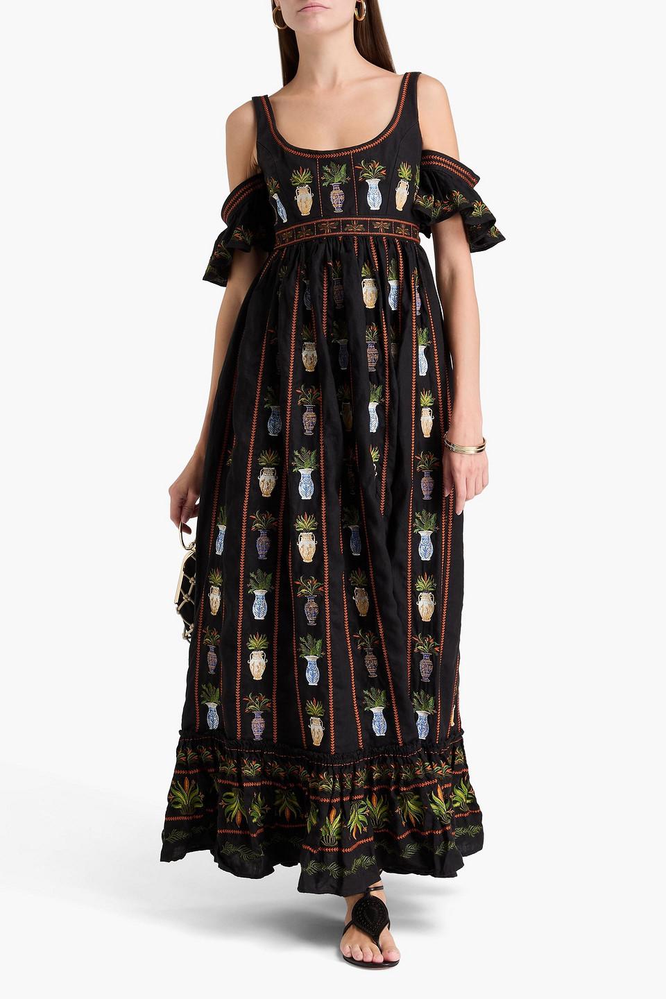 Sueno Anfora cold-shoulder embroidered linen maxi dress