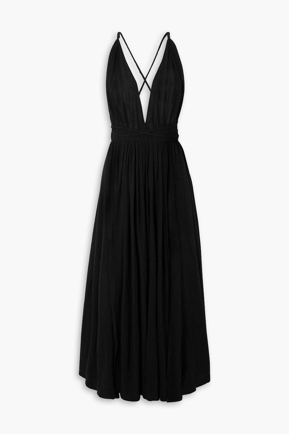 Hera leather-trimmed cotton-gauze halterneck maxi dress