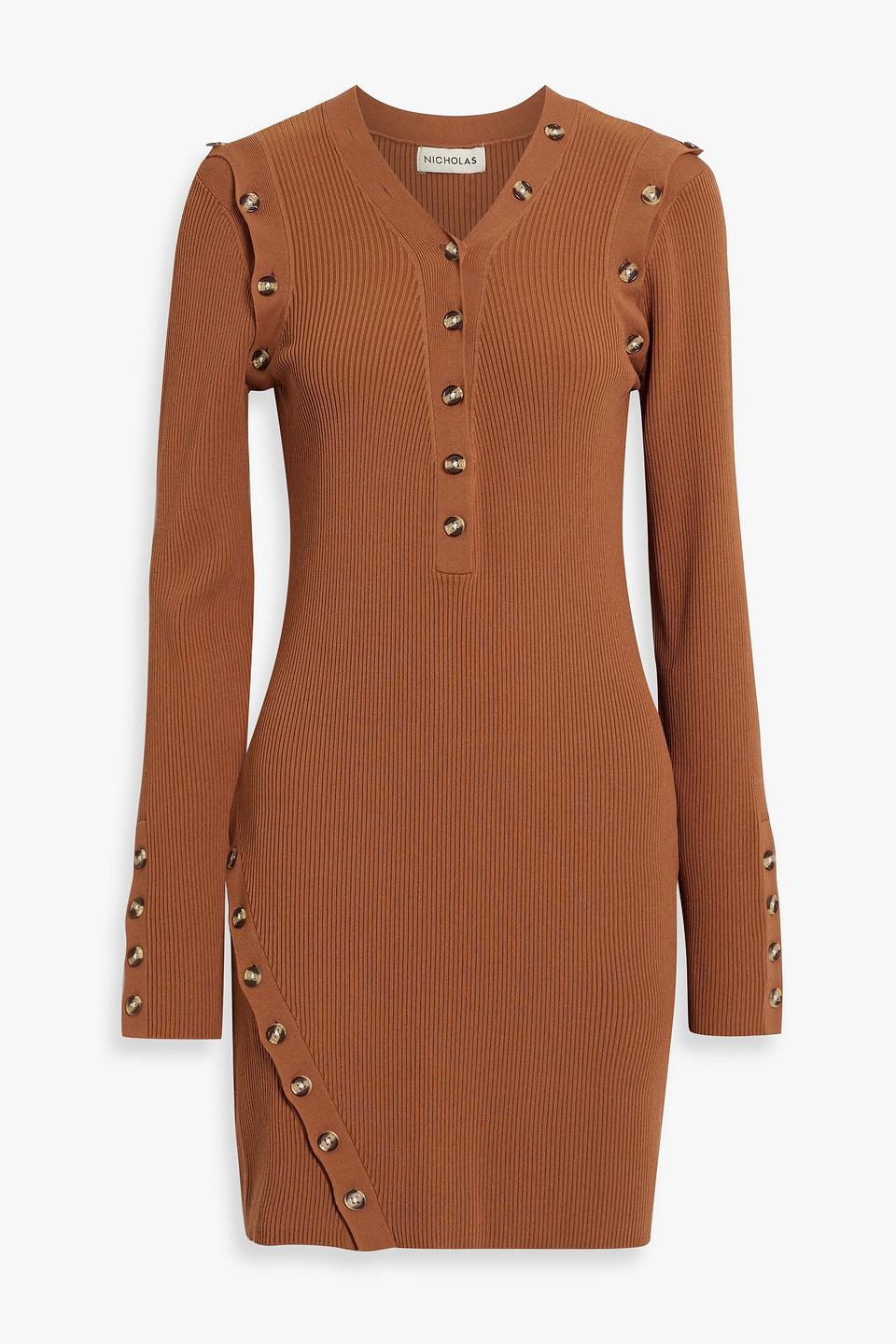 Jackie button-embellished ribbed-knit mini dress