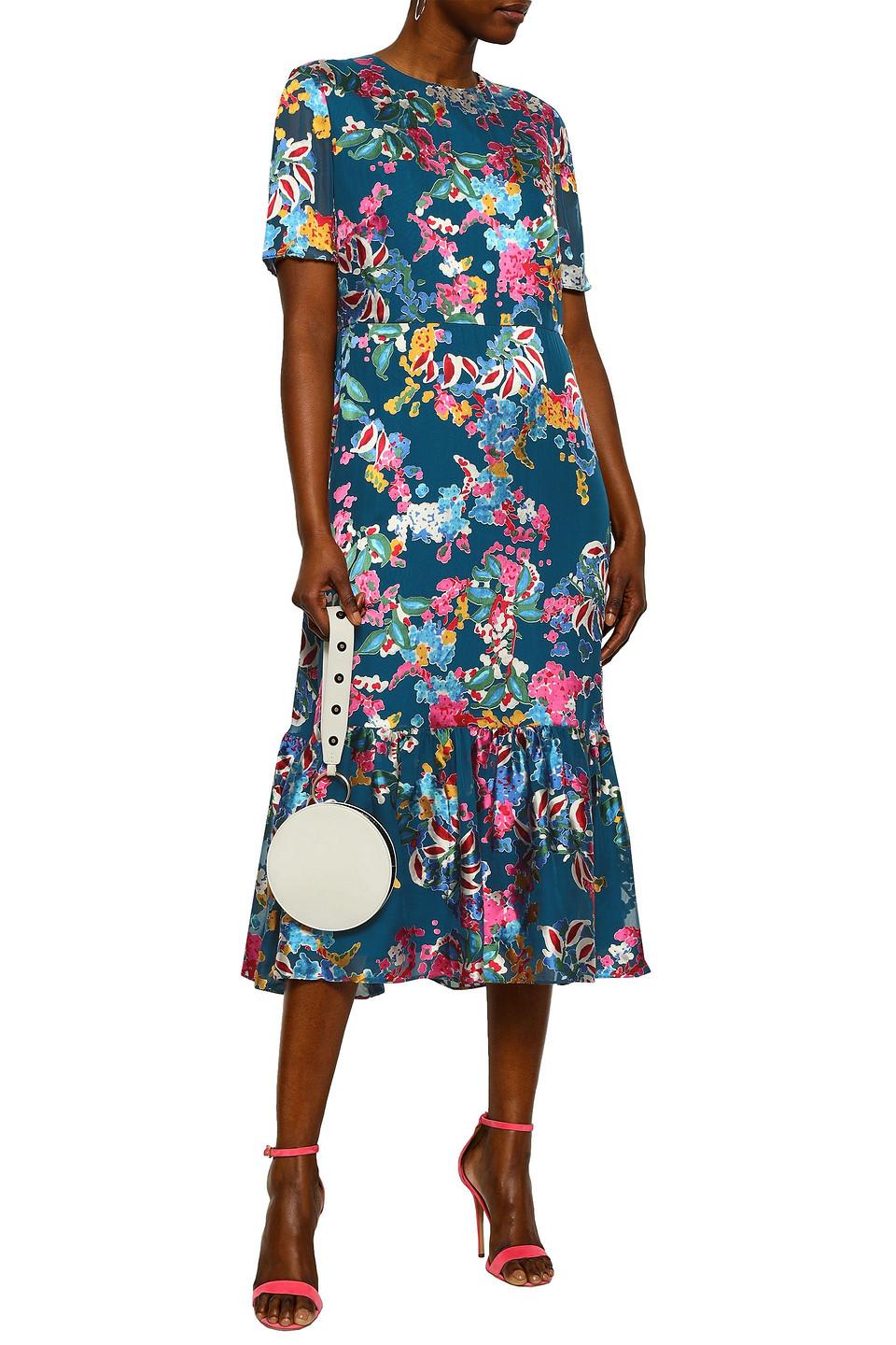 Printed devoré-chiffon midi dress