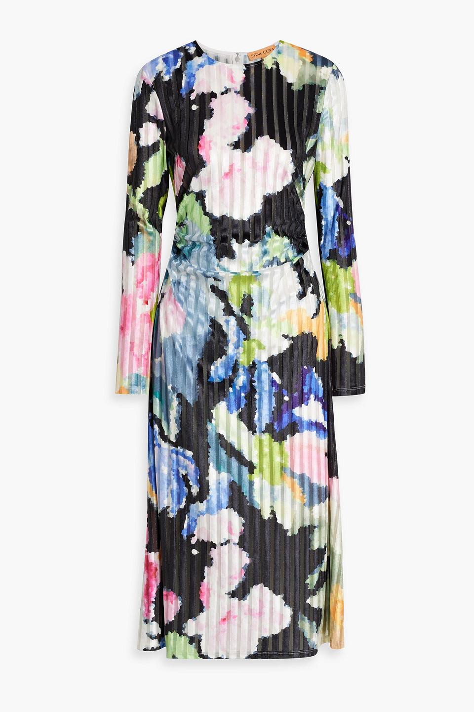 Blackley ruched printed devoré-velvet midi dress