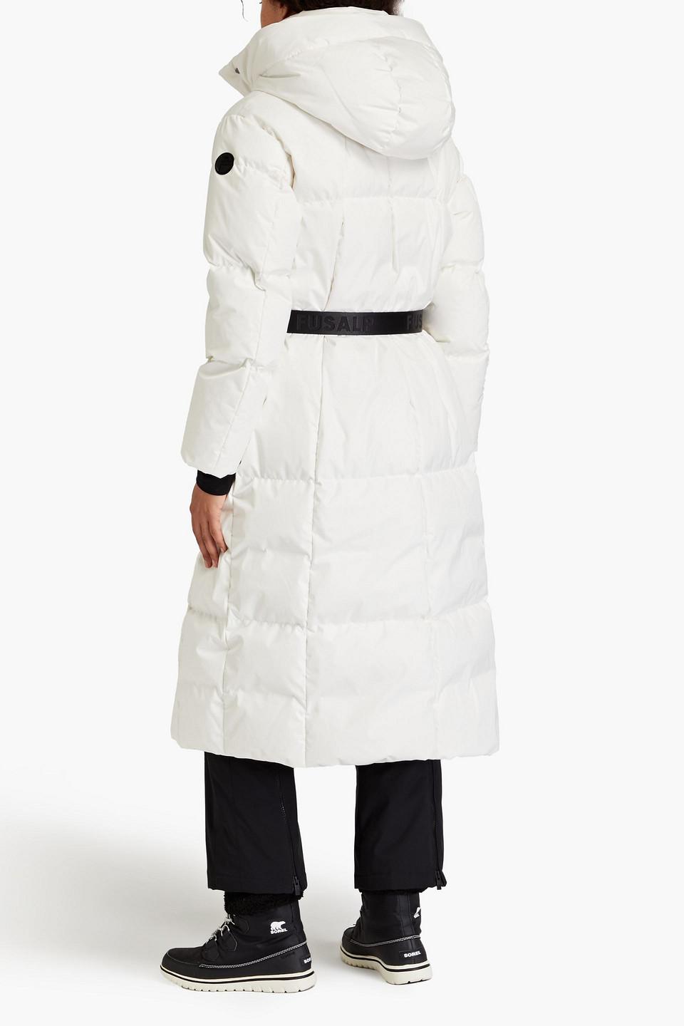 Quilted belted shell hooded down coat