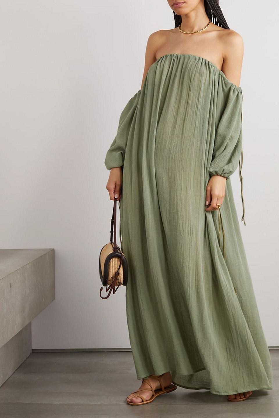 Kikab off-the-shoulder leather-trimmed cotton-gauze maxi dress