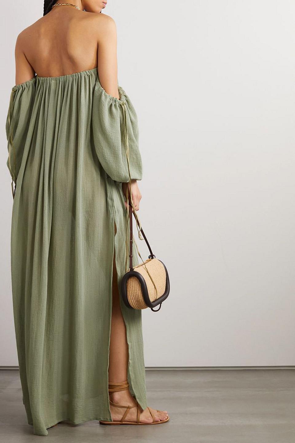 Kikab off-the-shoulder leather-trimmed cotton-gauze maxi dress