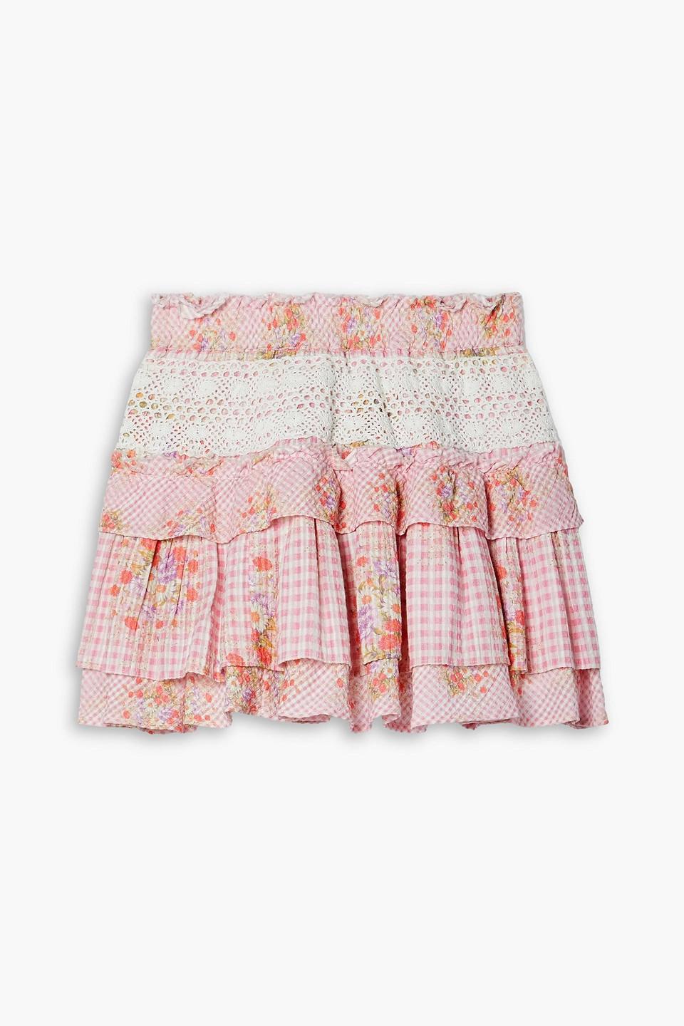 Corbett crochet-trimmed floral-print gingham cotton-seersucker mini skirt