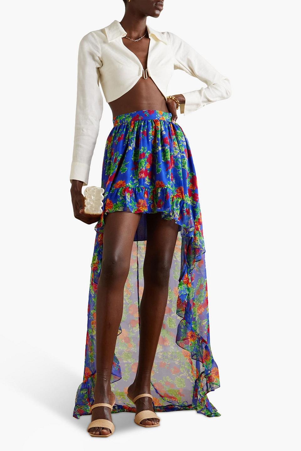 Della asymmetric ruffled floral-print silk-chiffon maxi skirt