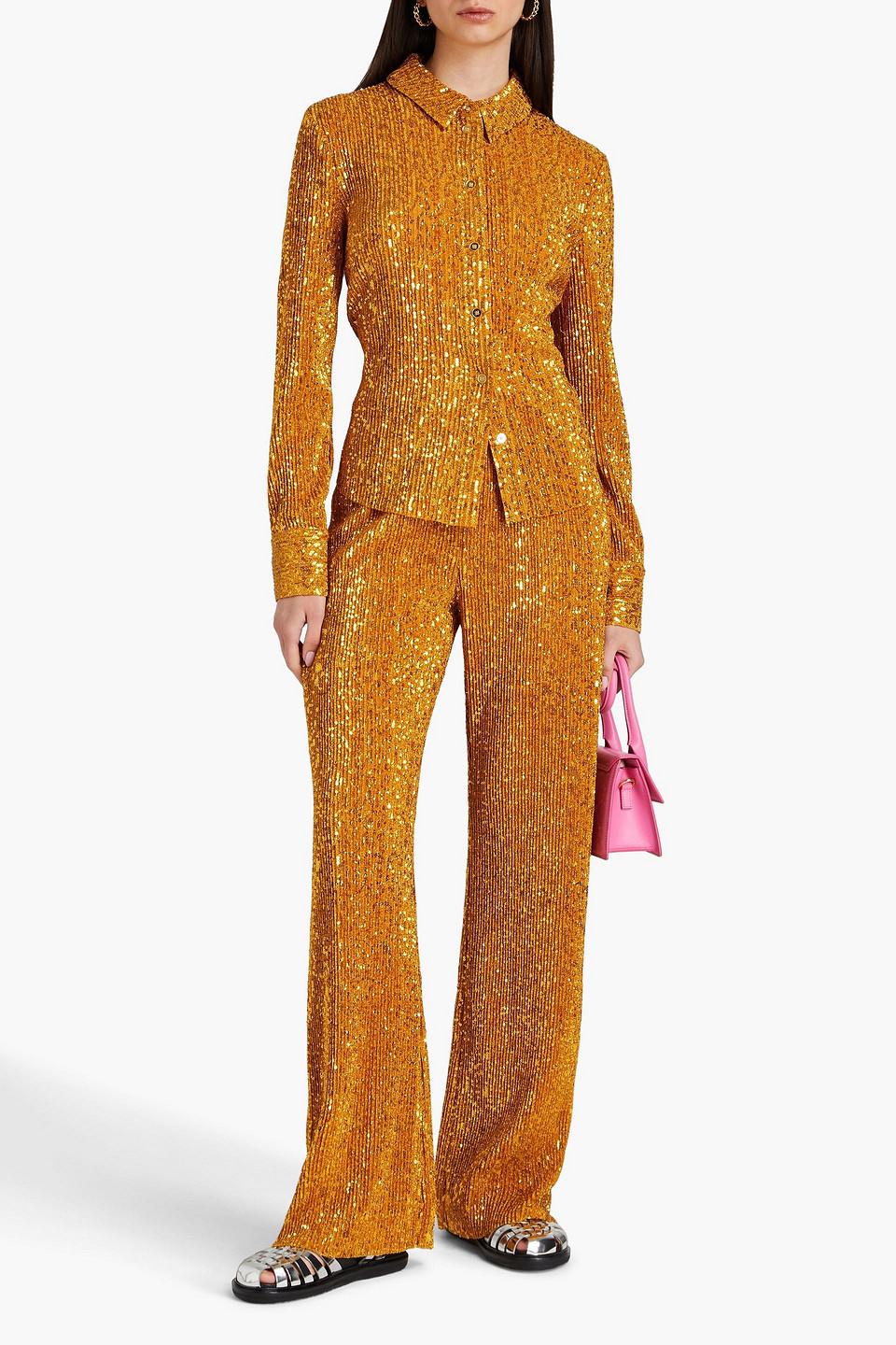 Markus sequined plissé-knitted straight-leg pants