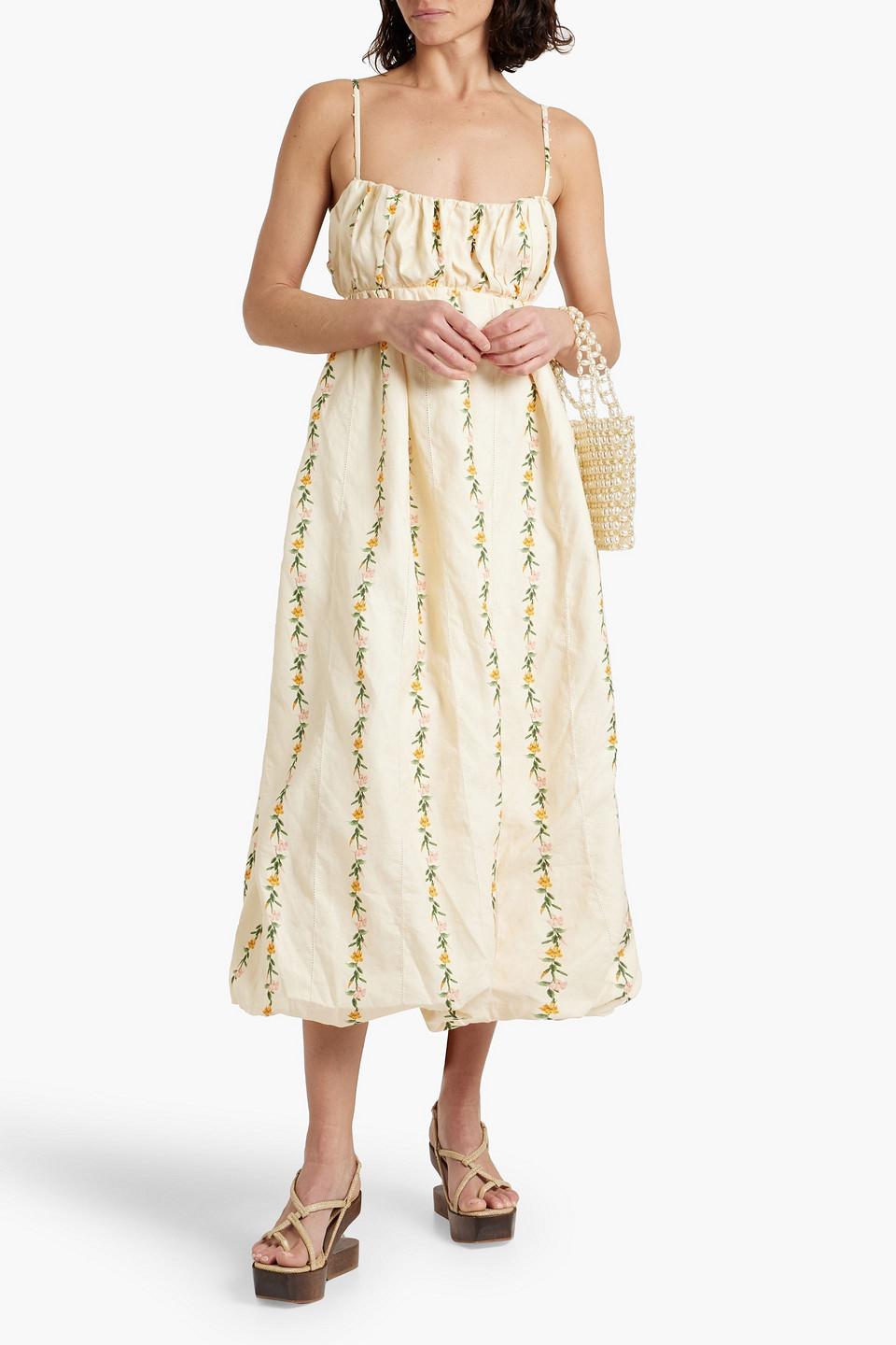 Limonaria Ranas gathered floral-print linen midi dress