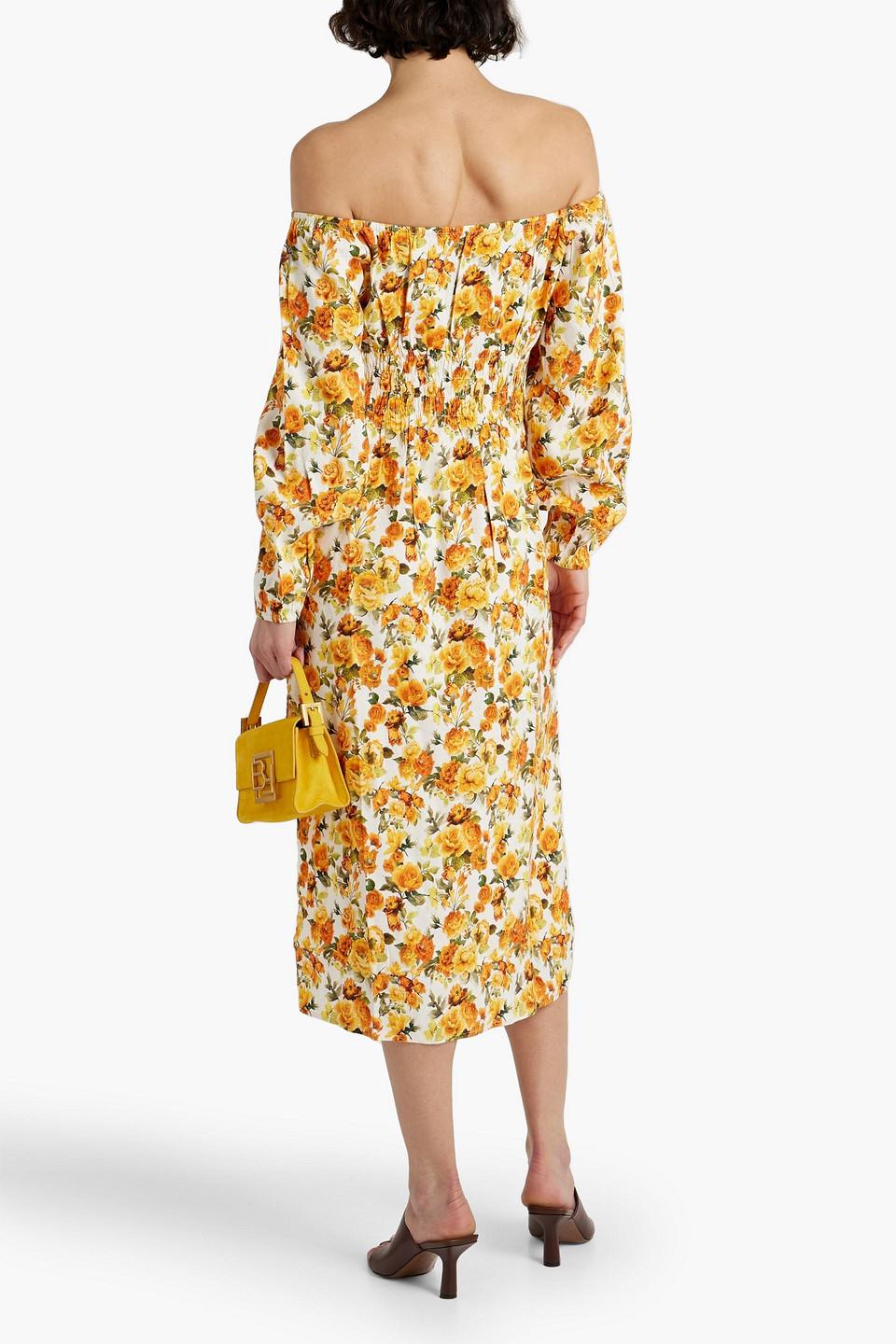 Off-the-shoulder shirred floral-print linen-blend midi dress