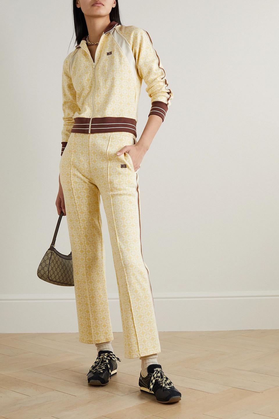 Shine cropped crochet-trimmed cotton-jacquard straight-leg pants