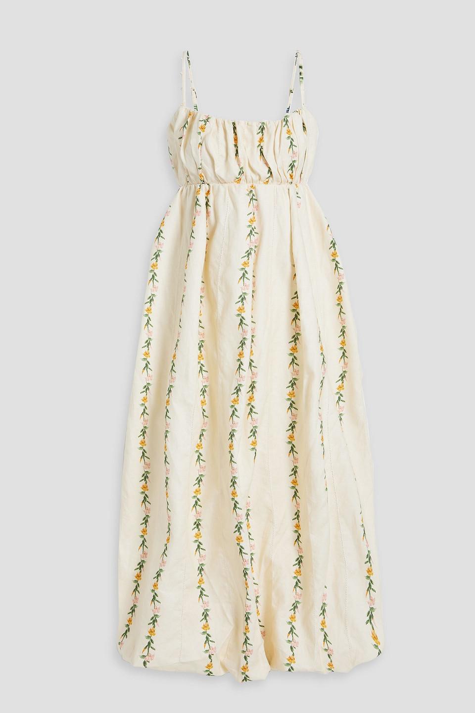 Limonaria Ranas gathered floral-print linen midi dress