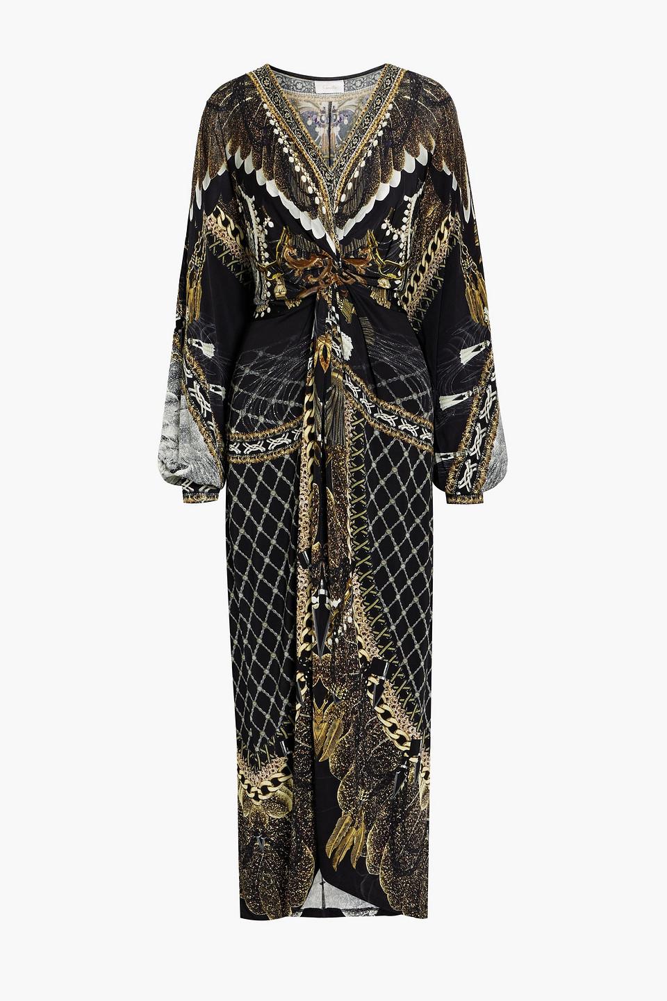 Crystal-embellished printed stretch-jersey maxi dress