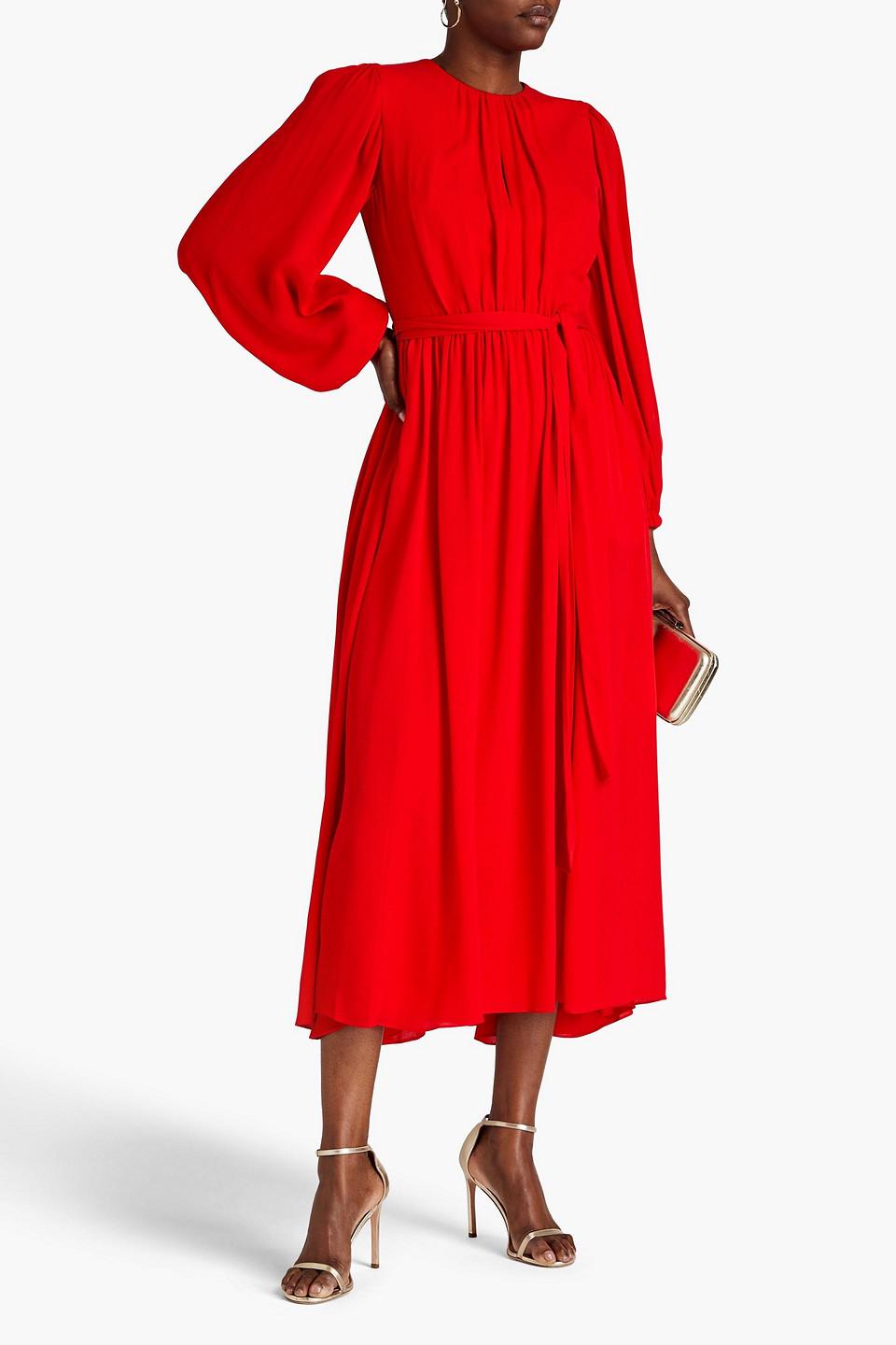 Gathered silk crepe de chine midi dress