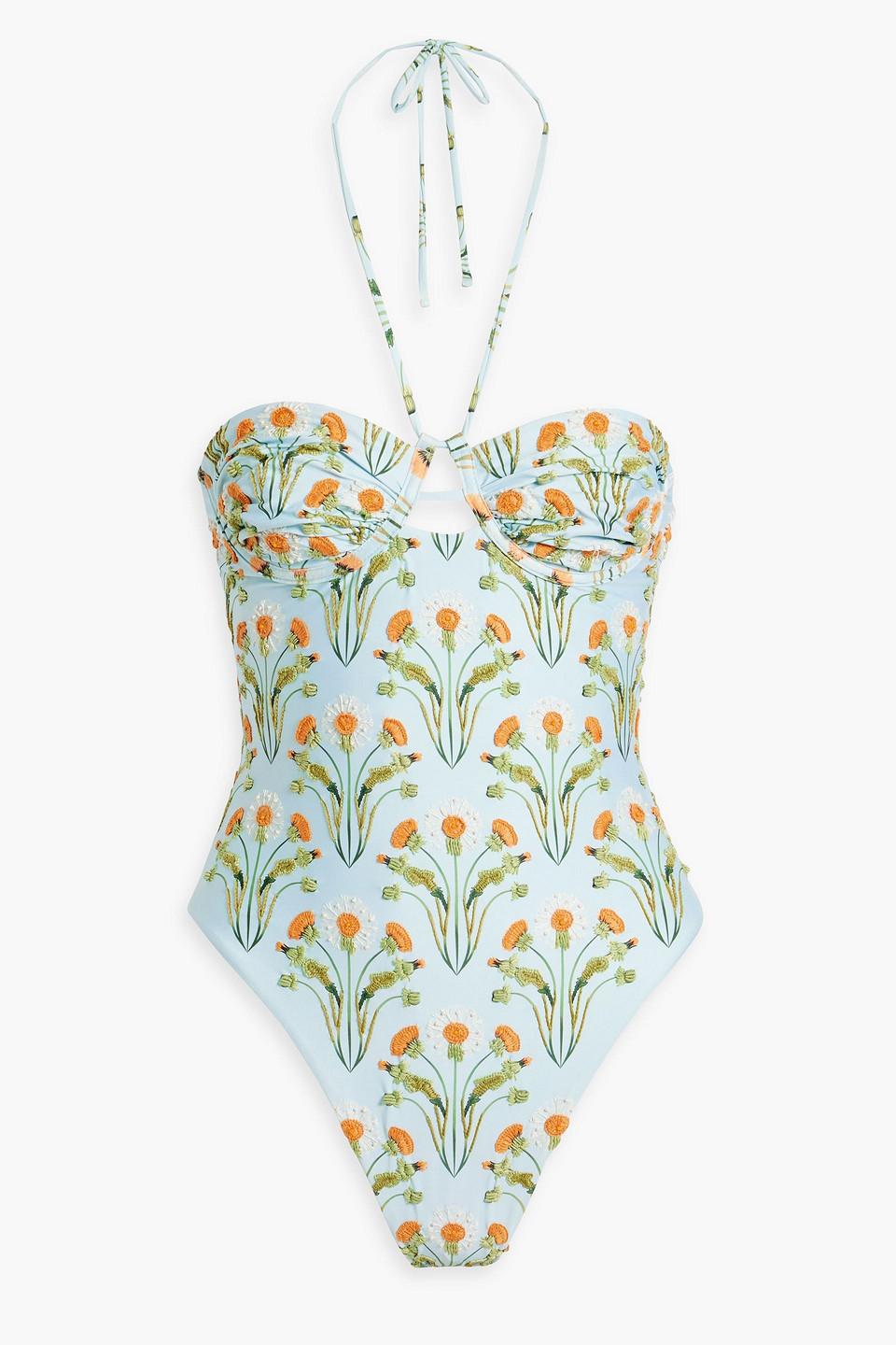 Sandalo floral-print embroidered halterneck swimsuit