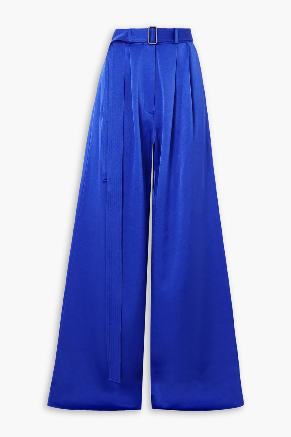 Landon belted pleated satin-crepe wide-leg pants