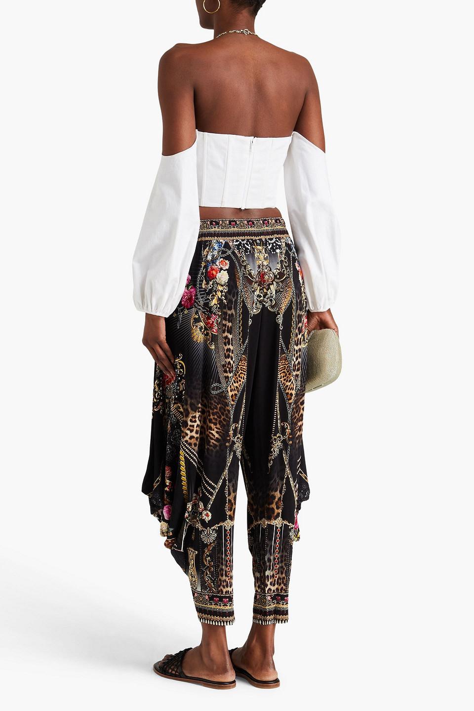 Crystal-embellished printed stretch-jersey tapered pants