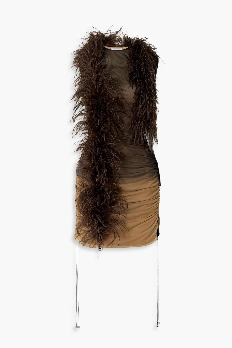 Antares feather-trimmed bead-embellished stretch-tulle mini dress