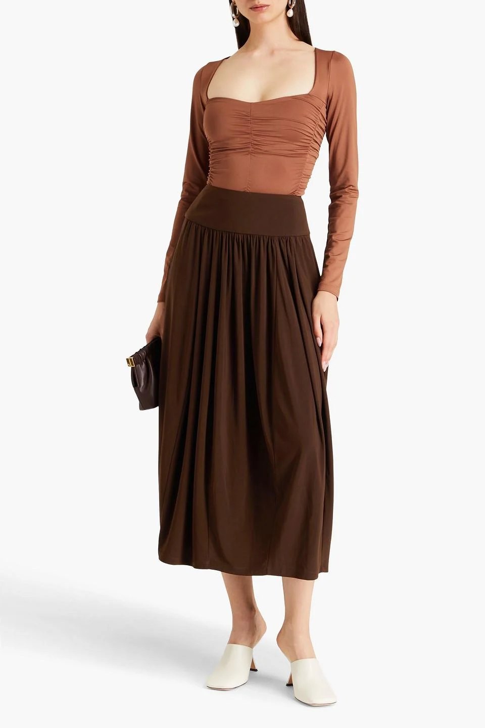 Gathered jersey midi skirt