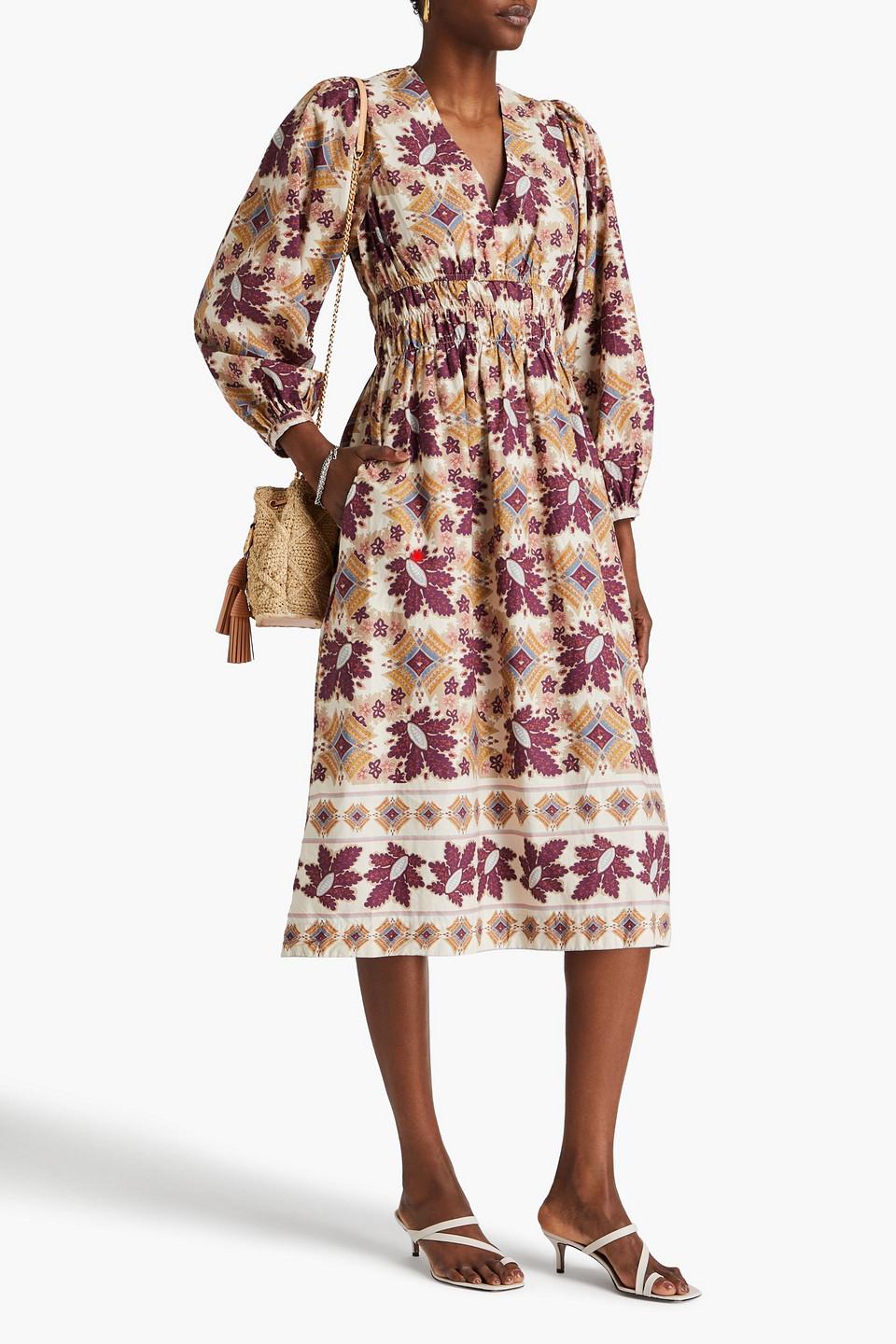 Gathered printed cotton-poplin midi dress