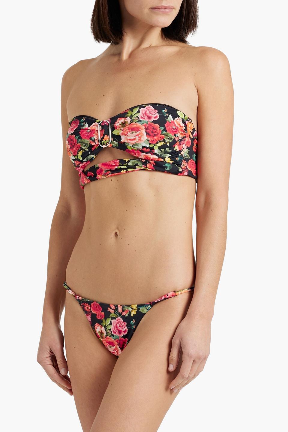 Cutout floral-print bandeau bikini top