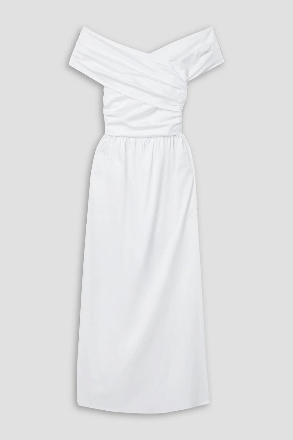 Corfu off-the-shoulder ruched cotton-blend poplin maxi dress