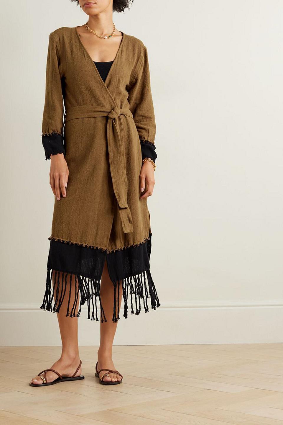 Suhay belted two-tone fringed cotton-gauze robe