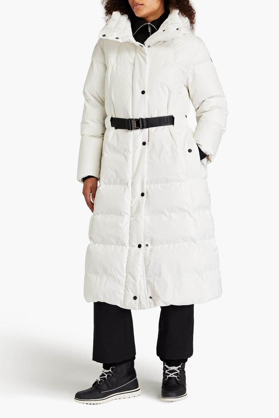 Quilted belted shell hooded down coat