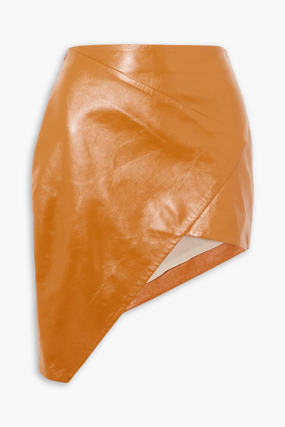 Asymmetric wrap-effect leather mini skirt