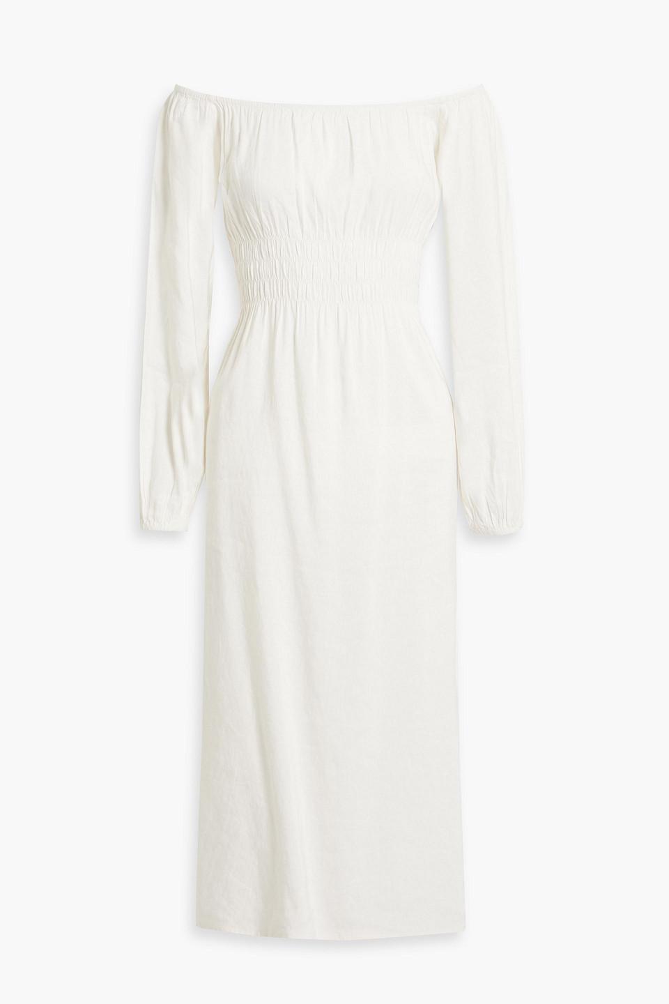 Air off-the-shoulder shirred linen-blend midi dress