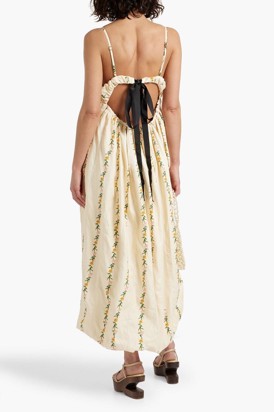 Limonaria Ranas gathered floral-print linen midi dress