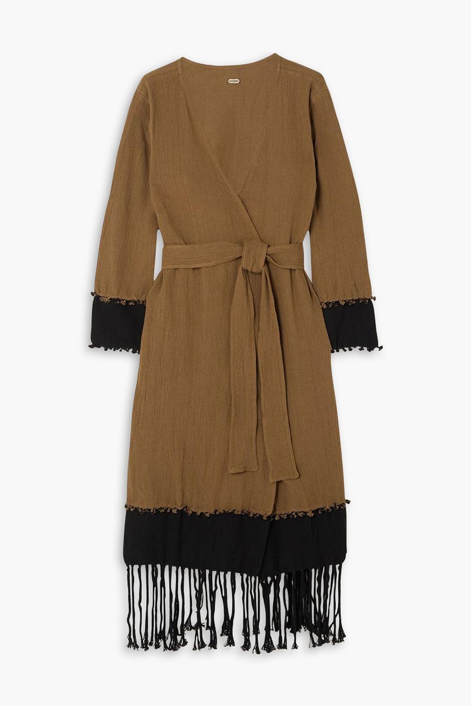 Suhay belted two-tone fringed cotton-gauze robe