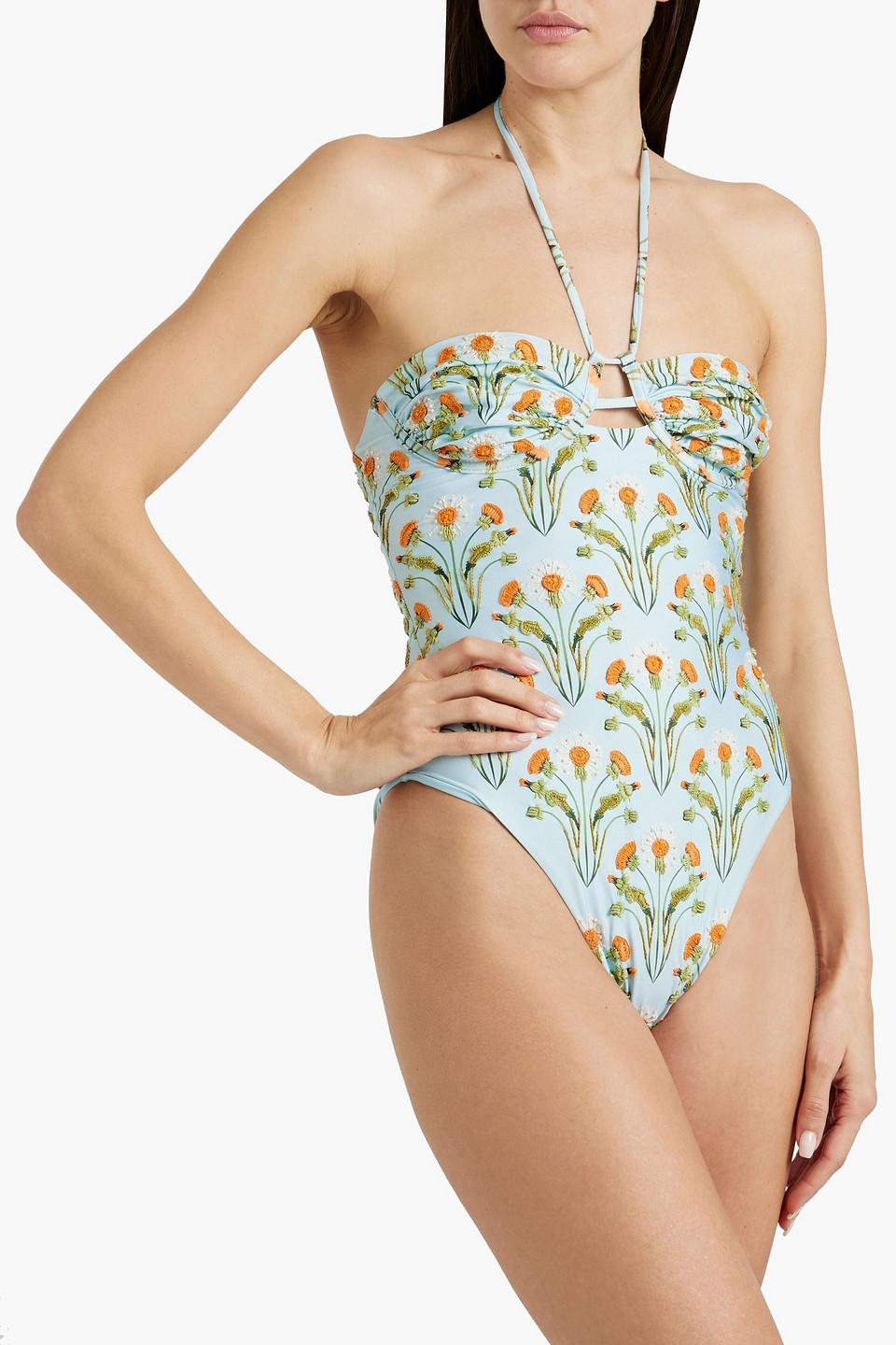 Sandalo floral-print embroidered halterneck swimsuit