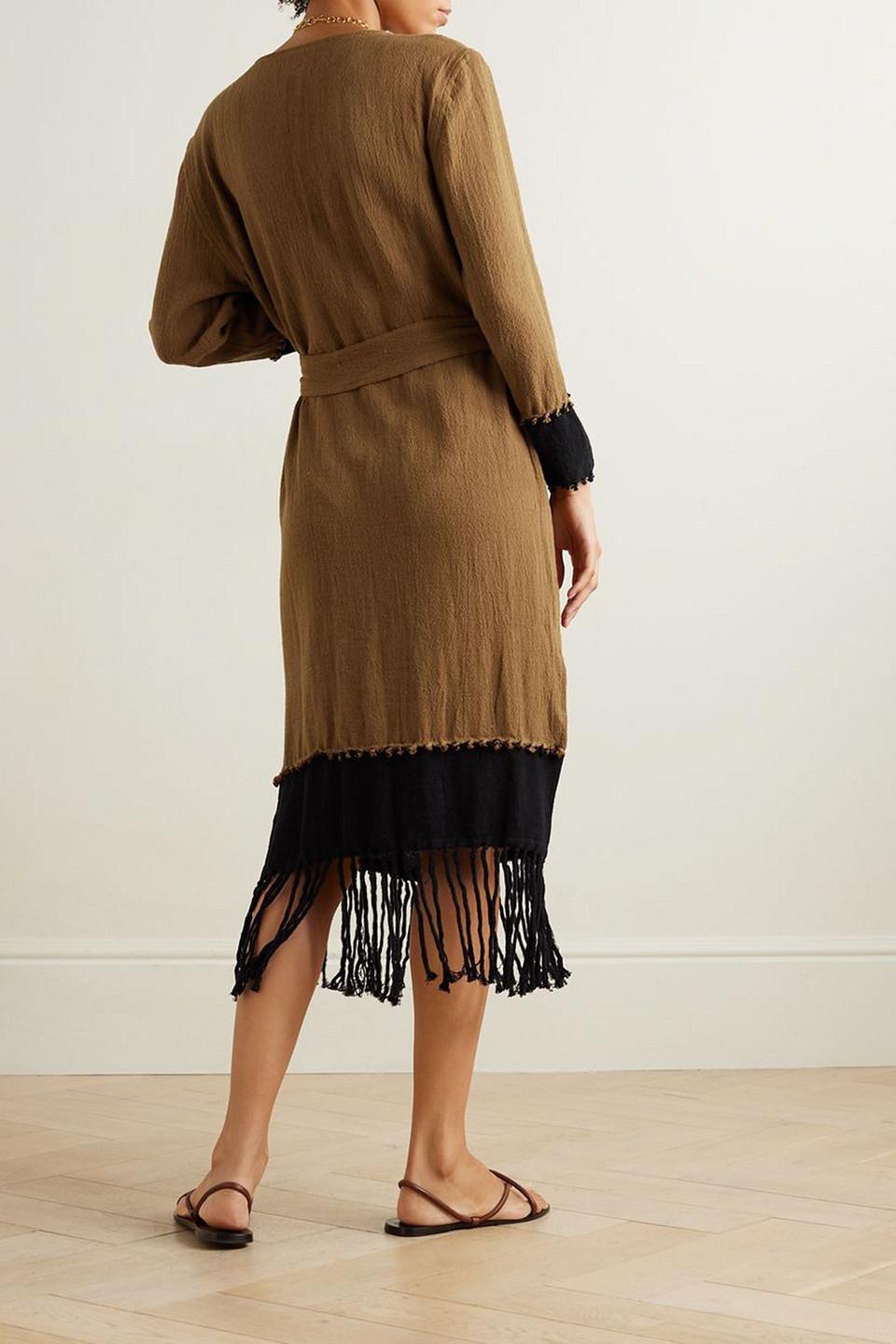 Suhay belted two-tone fringed cotton-gauze robe