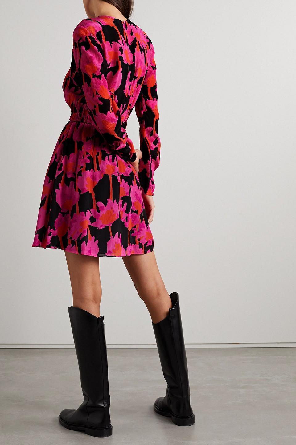 Cutout gathered floral-print crepon mini dress