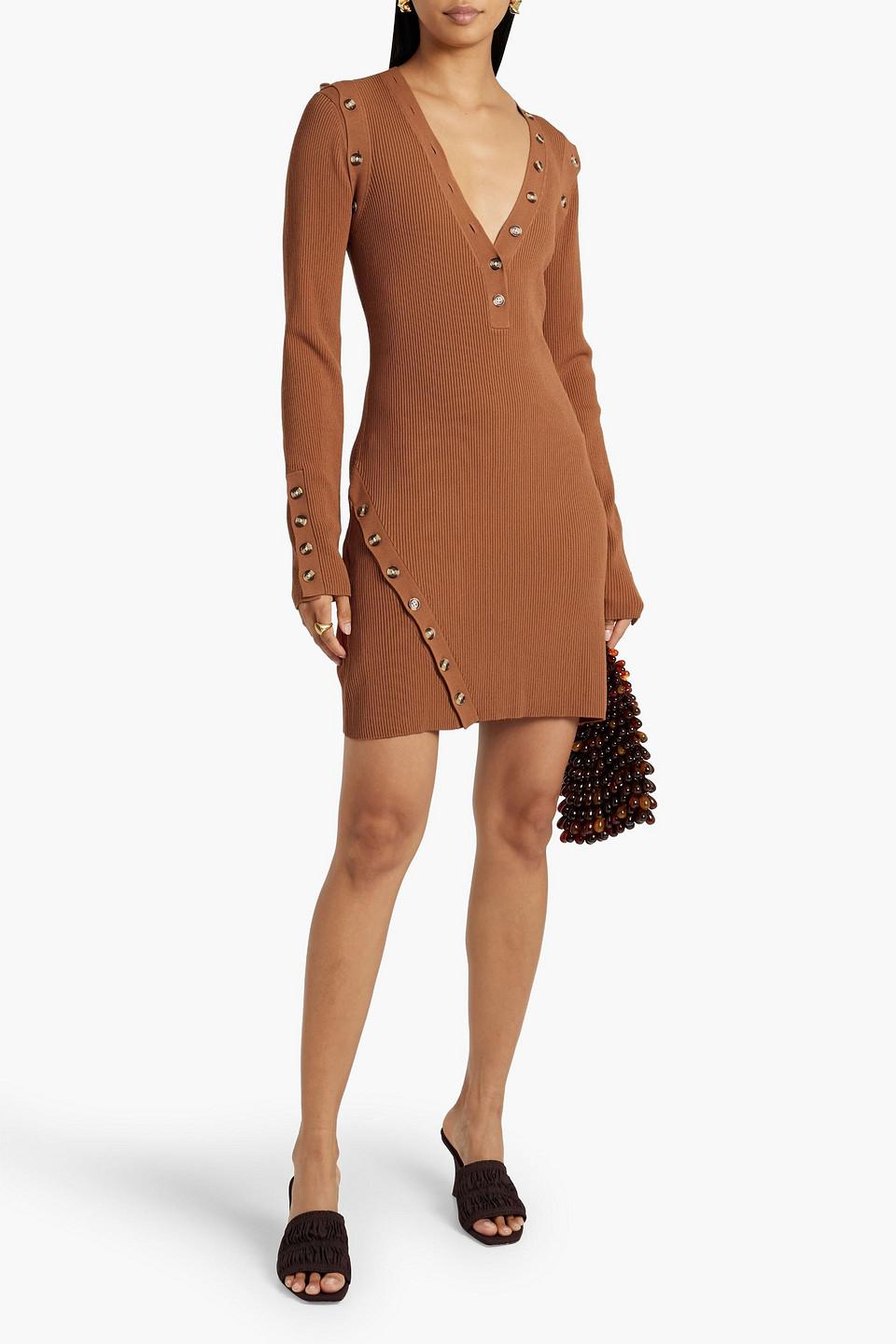 Jackie button-embellished ribbed-knit mini dress