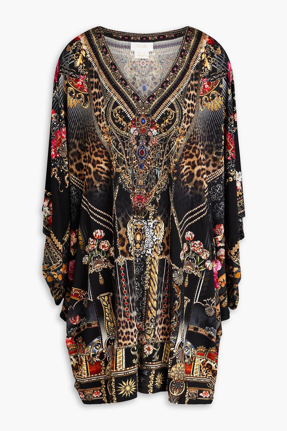 Crystal-embellished printed jersey mini dress